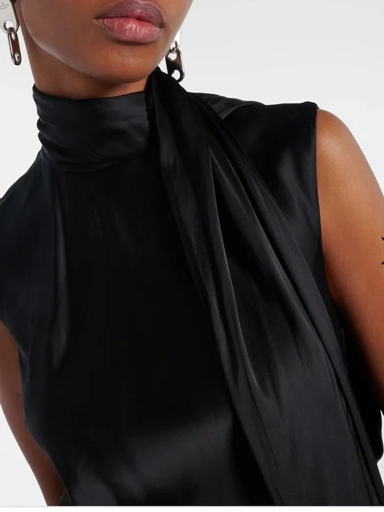 Acne Black Satin Midi Dress with Draped Scarf - Picture 4 of 10